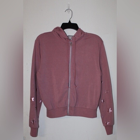 Forever 21 Women’s Hoodie Full Zip Metallic Stars Pink Sweater - Picture 8 of 9